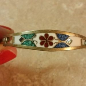 Vintage Mexican Multi Stone & Turquiose Brass Bracelet Bangle